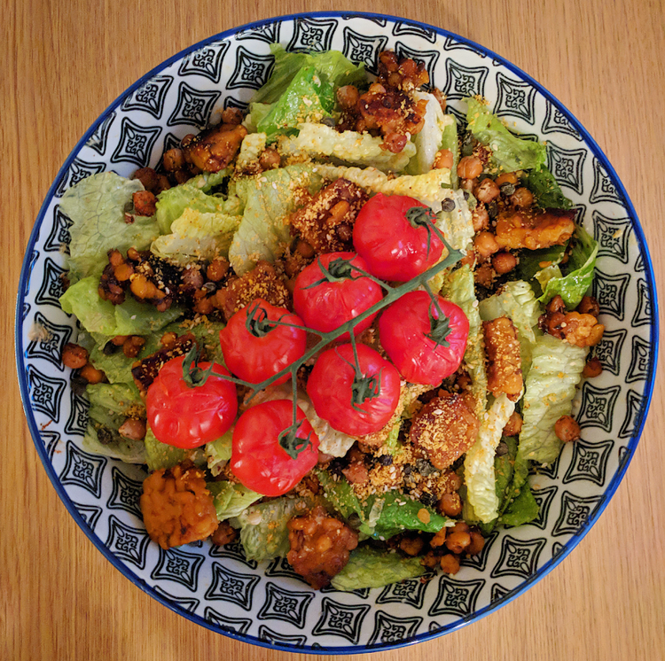 Vegan Caesar Salad with Maple Tempeh and Sesame Parmesan